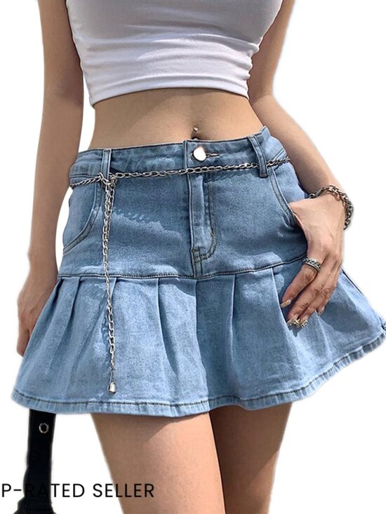 Dresses & Skirts - Pleated Denim Mini Skirt A-Line High Waist Y2K Preppy Casual Trendy